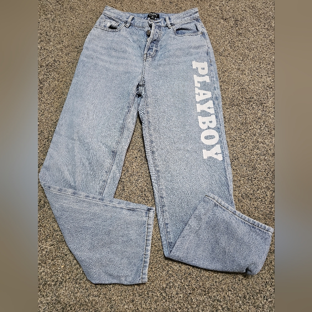 The Playboy by PacSun Light Blue High Waisted Straight Leg Jeans have a statemen - Picture 2 of 6